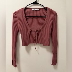 Zara Ribbed Knit Tie-Front Long Sleeve Crop Cardigan Sweater Top
